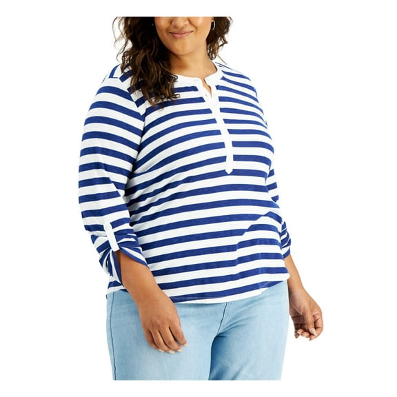 STYLE & COMPANY Womens Navy Striped Roll-tab Sleeve Crew Neck Top Plus 1X