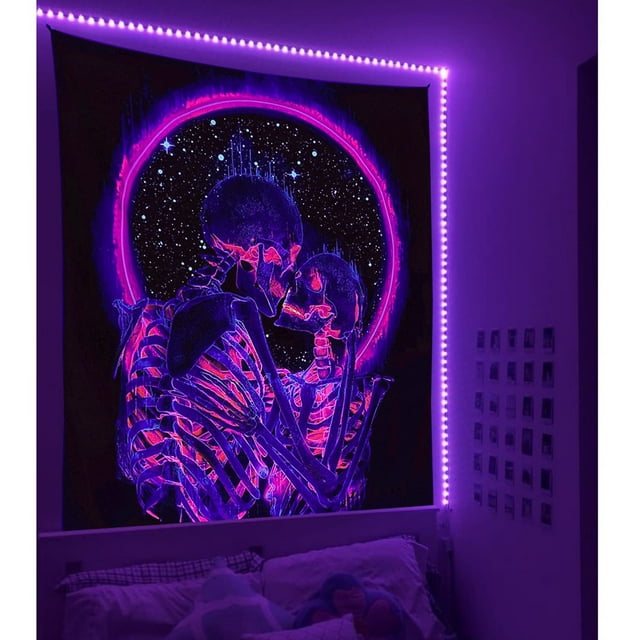 Zootealy Blacklight Skull Tapestry The Kissing Lovers Tapestry UV Reactive Trippy Psychedelic Neon Tapestries Glow in the Dark Party Backdrop Skeleton Wall Art for Bedroom Living Room(XL size)