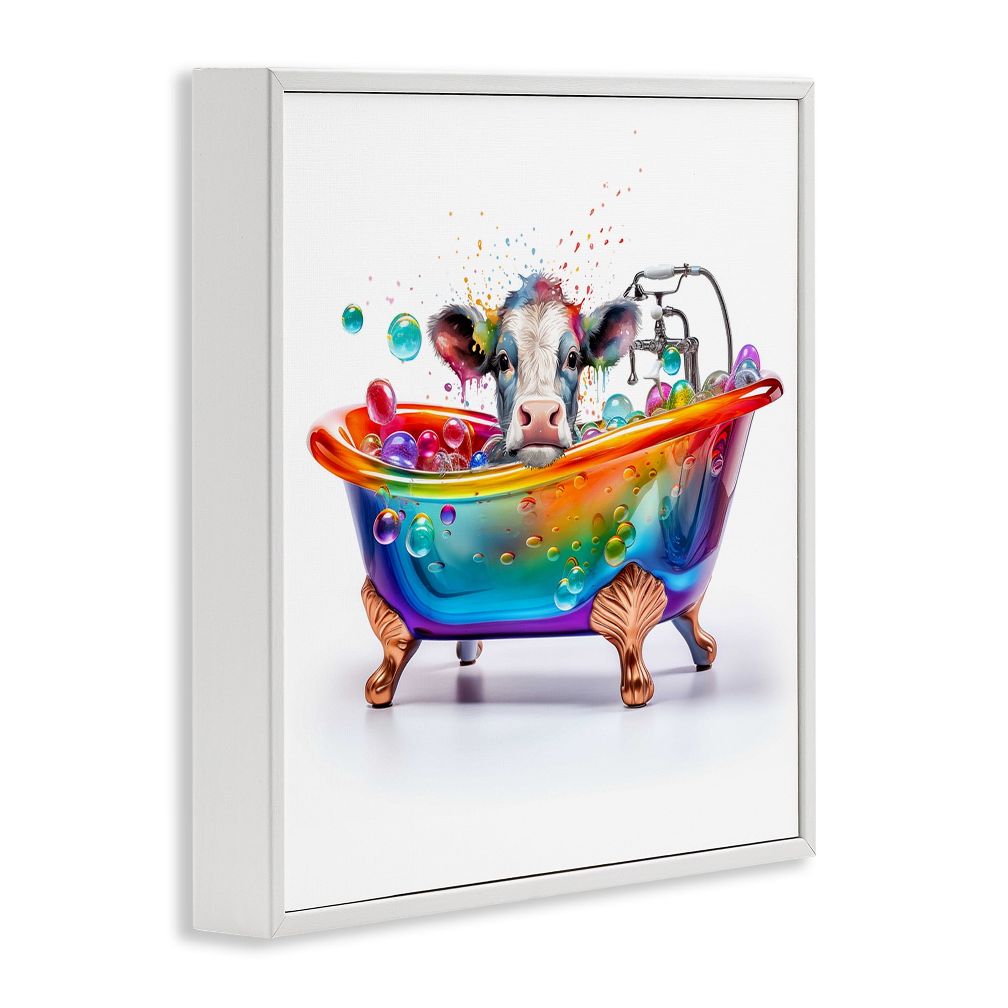 Stupell Industries Cow in Rainbow Bath Typography Painting White Framed Art Print Wall Art, 24 x 24