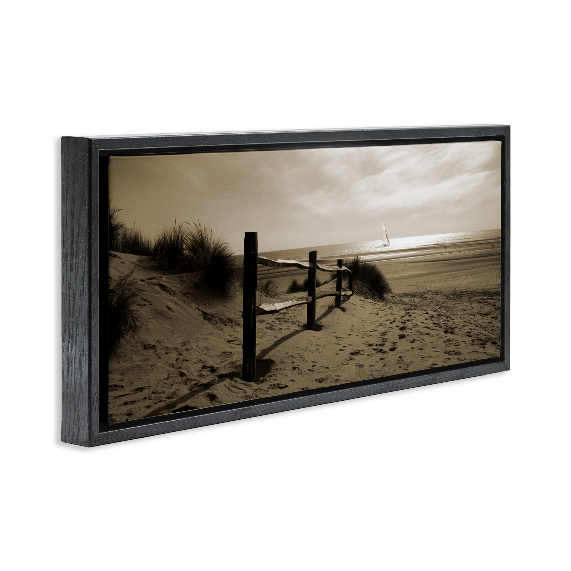 Stupell Industries Open Water Beach Landscape Photography Black Floater Framed Canvas Art Print Wall Art, 31 x 14