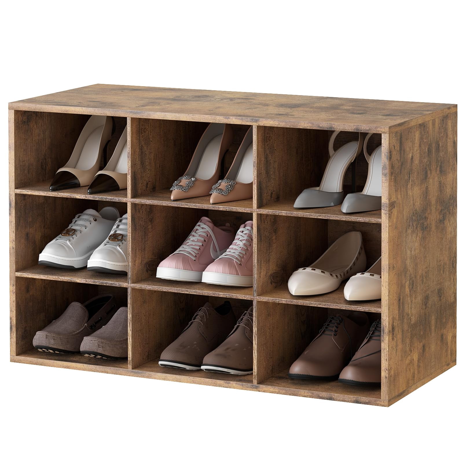 Shoe Storage Bench, Cubby Shoe Rack with 9 Cubbies, 3-Tier Wood Shoe Rack Organizer, Shoe Organizer Cabinet for Entryway, Hallway, Closet and Garage, Brown