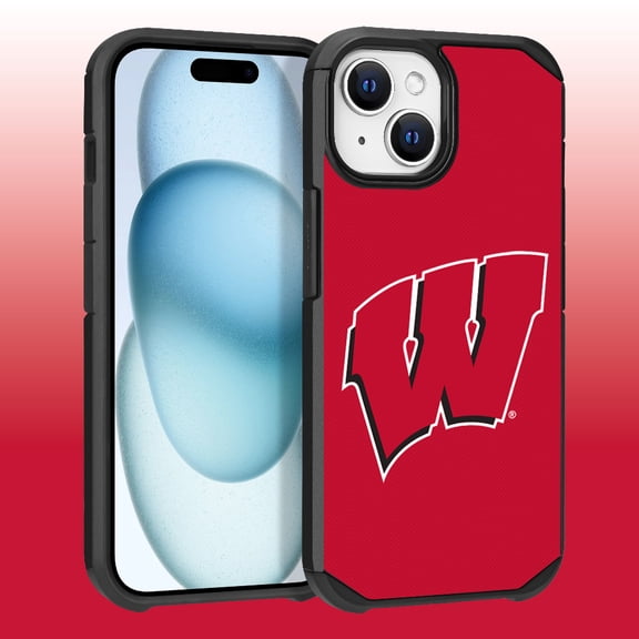 Apple iPhone 15 (6.1) / iPhone 14 (6.1) / iPhone 13 (6.1) - Licensed NCAA University of Wisconsin Badgers Logo on Red Textured Dual Layer Case