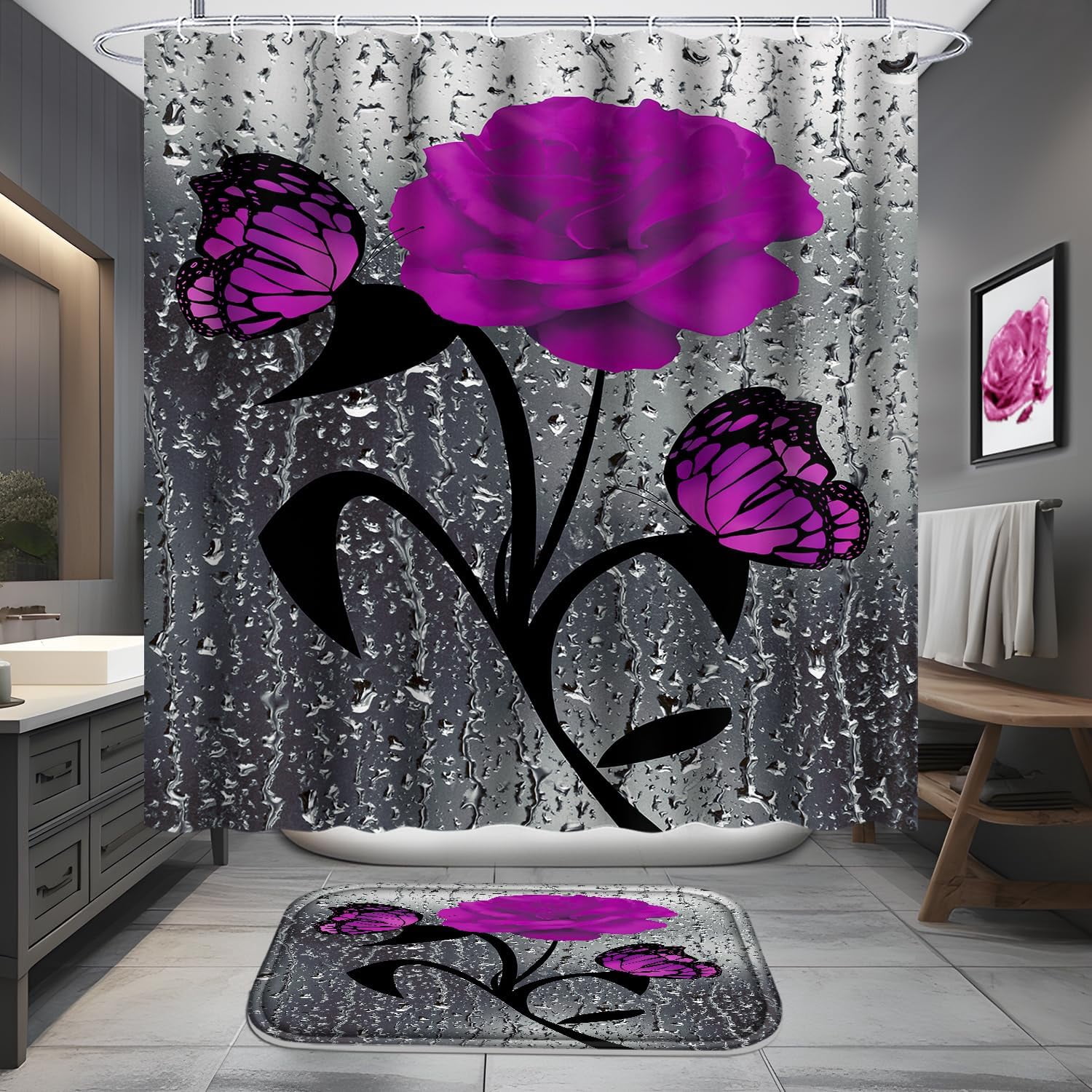 4 Pcs Bathroom Set,Orange Rose Shower Curtain Sets, Romantic Shower Curtain Sets with Rugs(Bath Mat,U Shape and Toilet Lid Cover Mat) and 12 Hooks