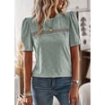 thumbnail image 2 of Camiseta de mujer con ribete de encaje, cuello redondo, manga corta abombada, Color puro, informal, jersey para mujer, Top para primavera y verano, verde L, 2 of 8