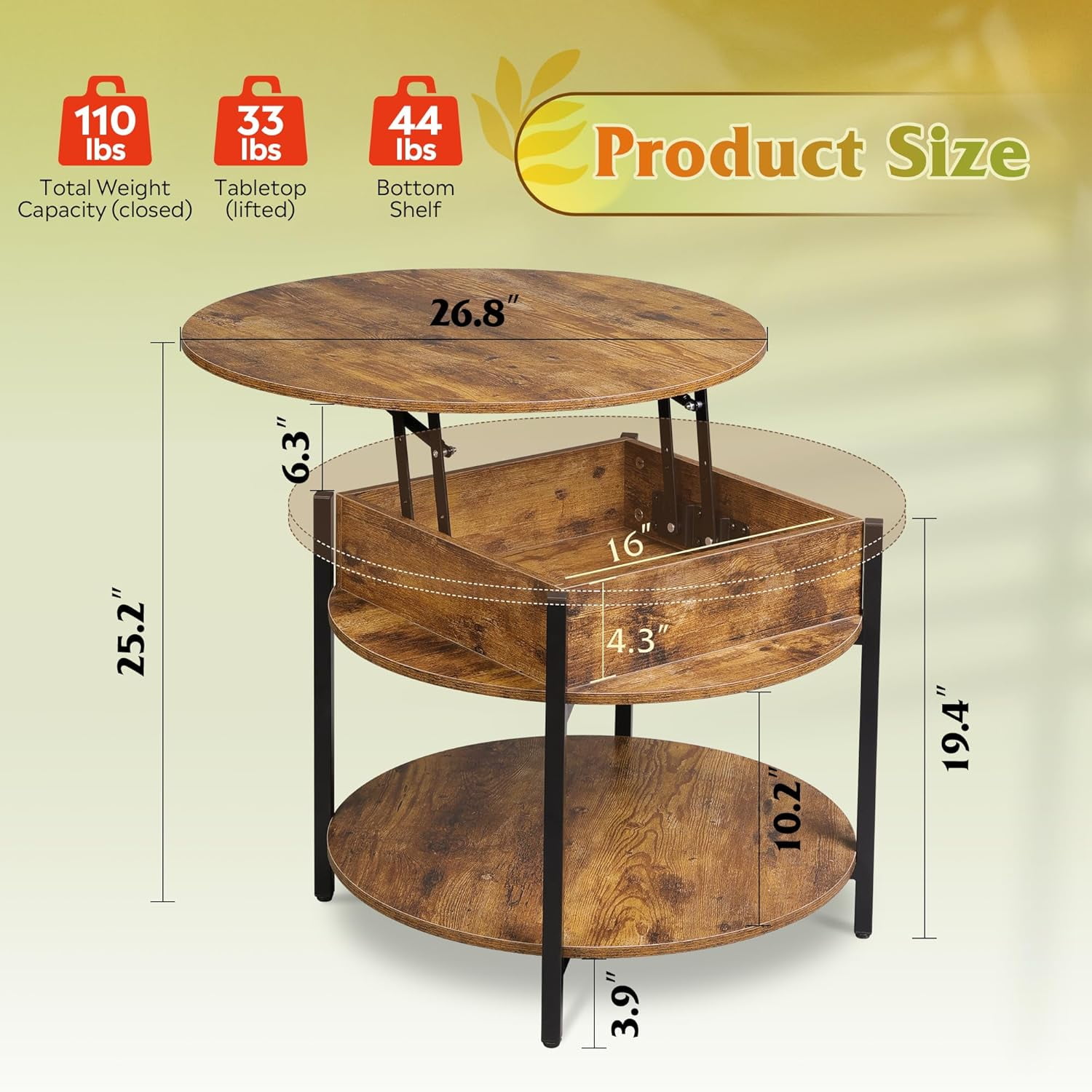 GALAXHERO Round Lift Top Coffee Table with Hidden Compartment and Storage Shelf, Farmhouse Small Coffee Table with 2 Tier for Living Room Rustic Brown