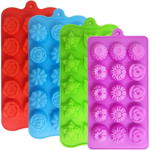 NeoMart  4 PACK Flower Shape Chocolate Candy Molds Set,Silicone 15 Cavity Baking Mold Ice Cube Tray for Wedding,Festival,Parties and DIY Crafts-Green,Blue,Red and Purple