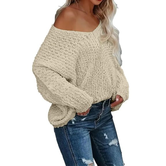 Comdrip off The Shoulder Tops for Women, Women's off The Shoulder Sweater Loose Lightweight Pullover Top V Neck Hollow Knitted Long Sleeved Solid Color Autumn Oversized Sweaters for Women Beige L