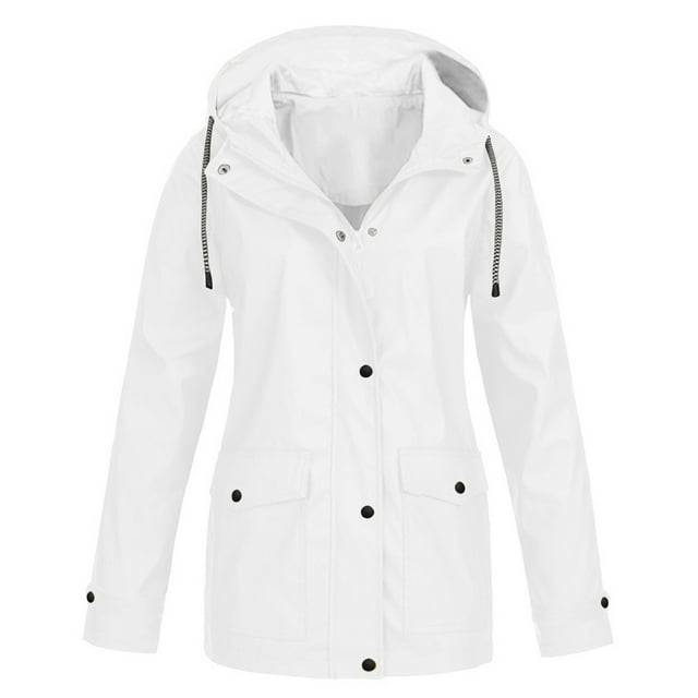 LSLJS Women Solid Rain Jacket Outdoor Plus Size Hooded Raincoat Windproof( White, S)