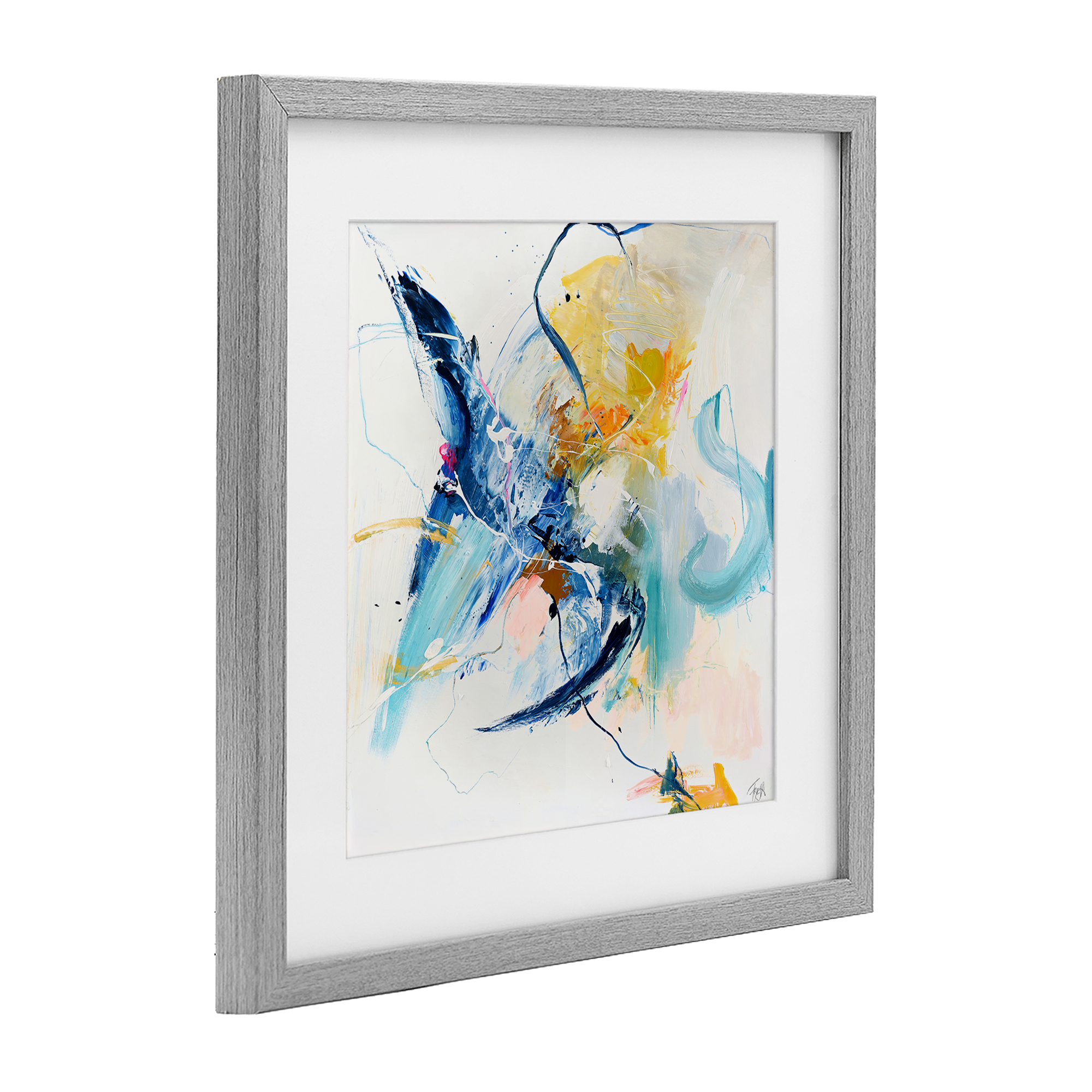 Confident Blue Abstraction Gray Framed Print Under Glass, design by Design Fabrikken