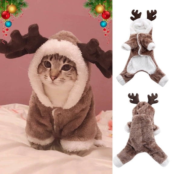 Warm Fleece Deer Pet Costume Christmas Dog Costume Pet Cat Funny Holiday Party Cosplay Santa Dress Up Apparel for Cats and Small Dogs Christmas Print Pet Christmas Dress,Khaki,L