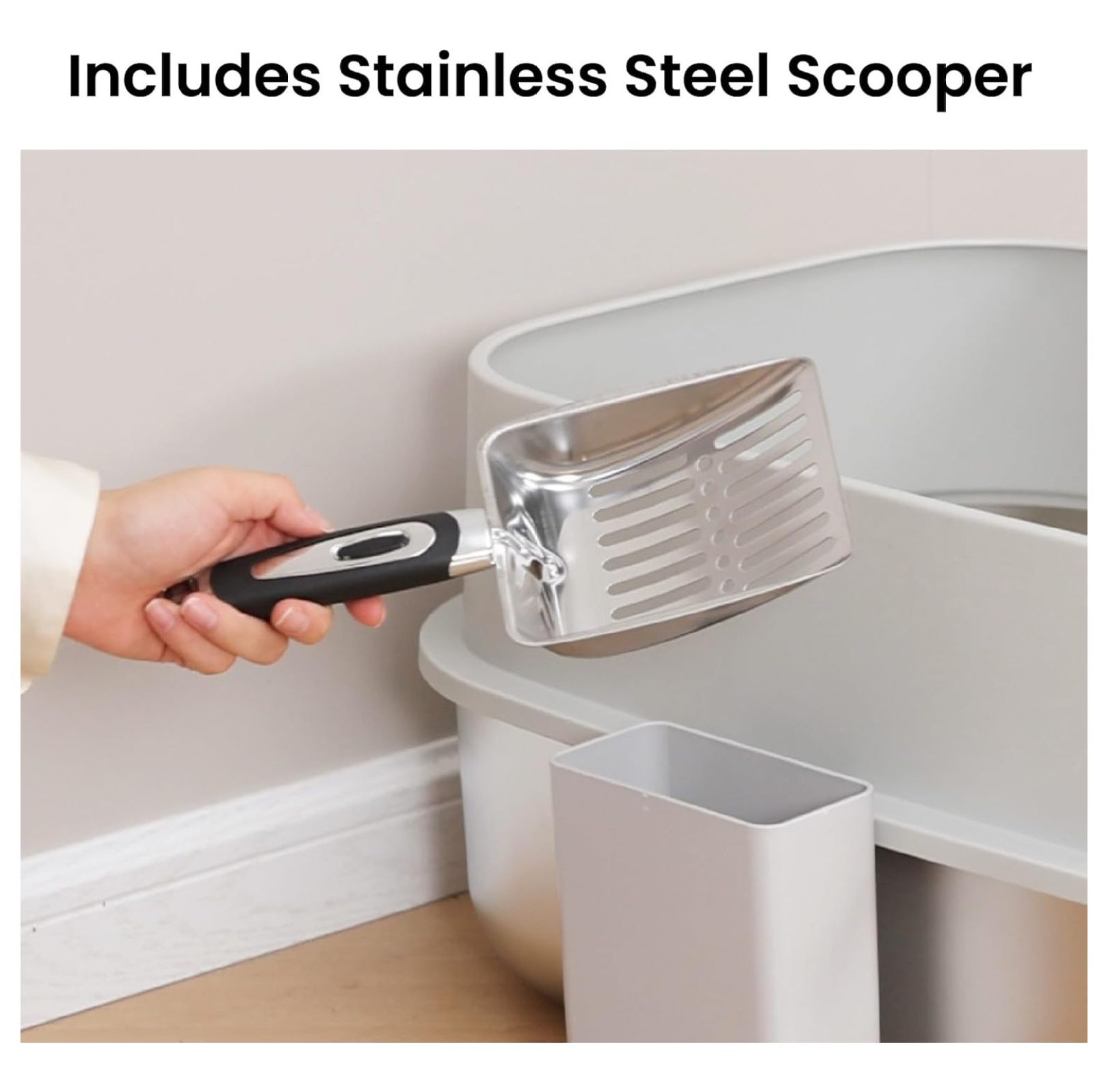 Enclosed XL Stainless Steel Litter Box with high Wall Sides, Leak-Resistant, Easy Cleaning, with Lid, Step, and Metal Scooper (Light Gray)