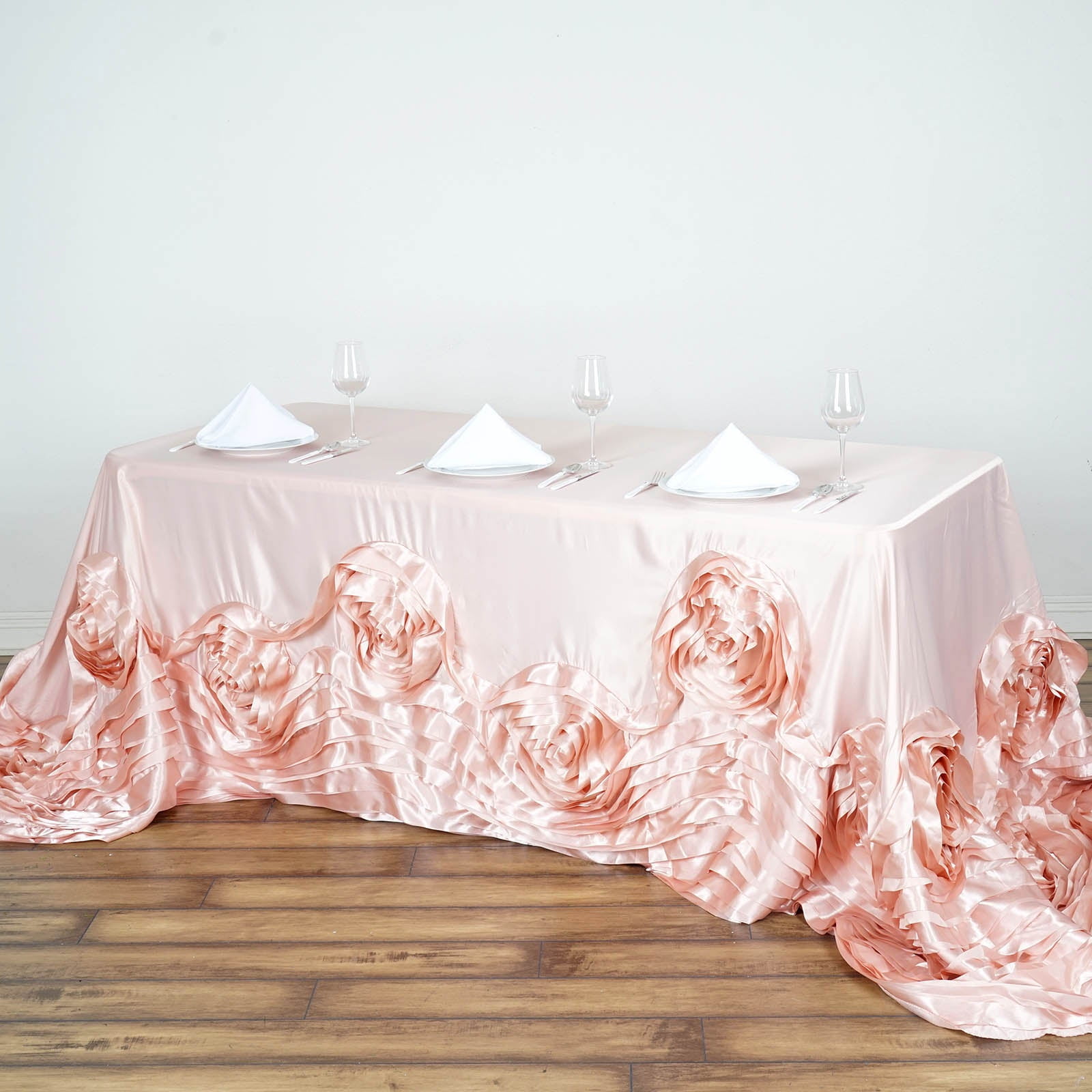 Blush 120" ROUND Large Raised Roses Lamour Satin TABLECLOTH Catering Decorations 