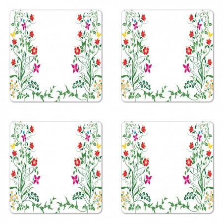 

Flower Coaster Set of 4 Oriental Design with Floral Leaves Buds Frame Like Ivy Plant Ecology Natural Image Square Hardboard Gloss Coasters Standard Size Multicolor by Ambesonne