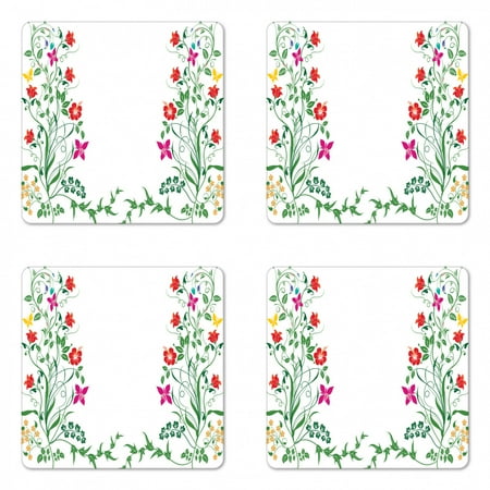

Flower Coaster Set of 4 Oriental Design with Floral Leaves Buds Frame Like Ivy Plant Ecology Natural Image Square Hardboard Gloss Coasters Standard Size Multicolor by Ambesonne