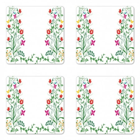 

Flower Coaster Set of 4 Oriental Design with Floral Leaves Buds Frame Like Ivy Plant Ecology Natural Image Square Hardboard Gloss Coasters Standard Size Multicolor by Ambesonne