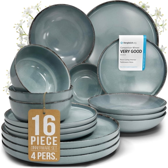 16 Piece Stoneware Dinnerware Set for 4 - Handmade Reactive Glaze Plates and Bowls Set - Chip & Scratch Resistant Dish Set - Dishwasher Microwave Safe - Rustic Smoke Blue