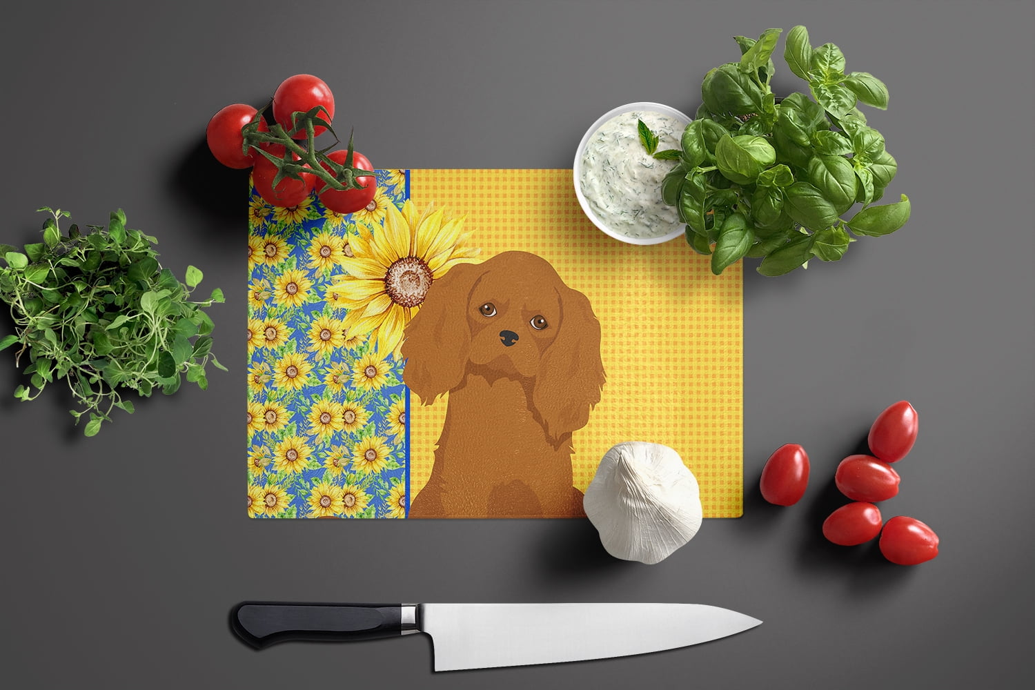 Summer Sunflowers Ruby Cavalier Spaniel Glass Cutting Board Large 12 in x 15 in