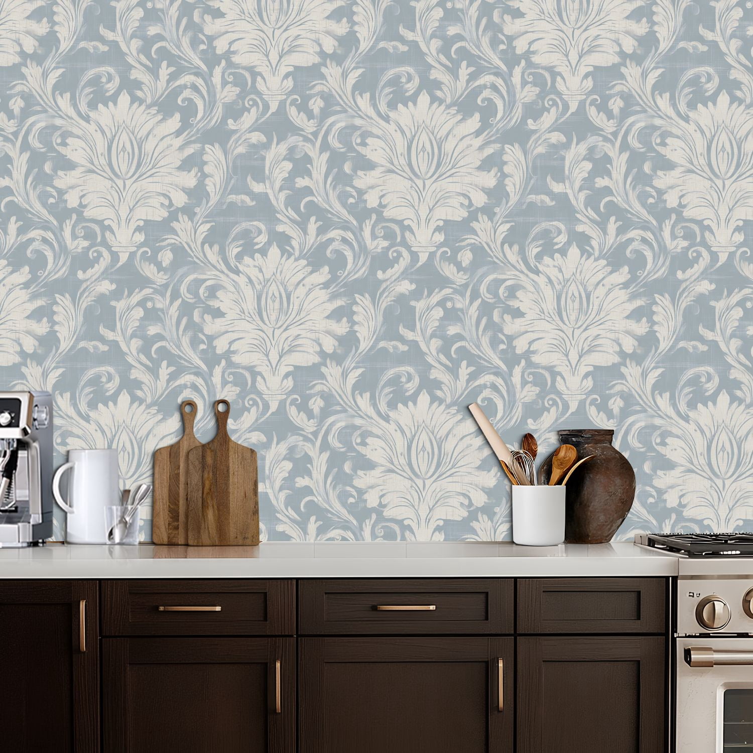 Peel and Stick Wallpaper Floral Damask Soft Blue White Tones Wall Mural 17.7in x 9.8ft Self Adhesive Removable Wall Paper Renter Friendly Wallpaper for Nursery Bedroom Cabinets