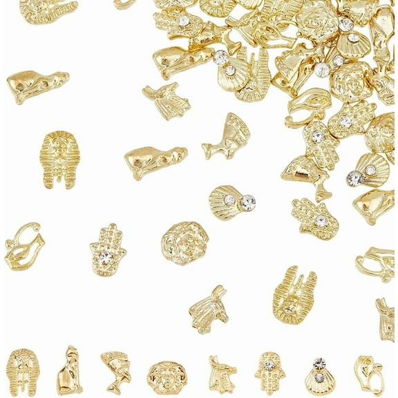 96Pcs 8 Styles 3D Golden Egyptian Nail Charms Alloy Vintage Nail Art Decoration Retro Nail Jewelry Accessories Pharaoh/Shell/Hamsa Nail Rhinestone Decoration for Nail Art Design