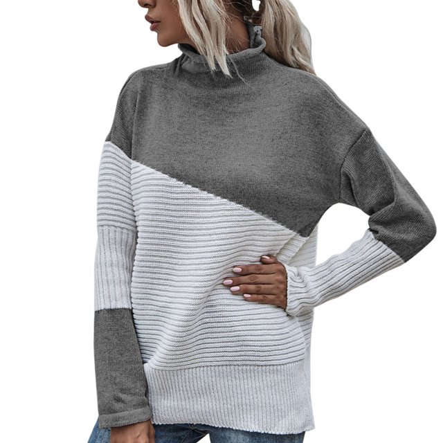 Gibobby SuéTer Para Mujeres Suéter de de contraste de color de manga larga con cuello de otoño e invierno para mujer(A,G)
