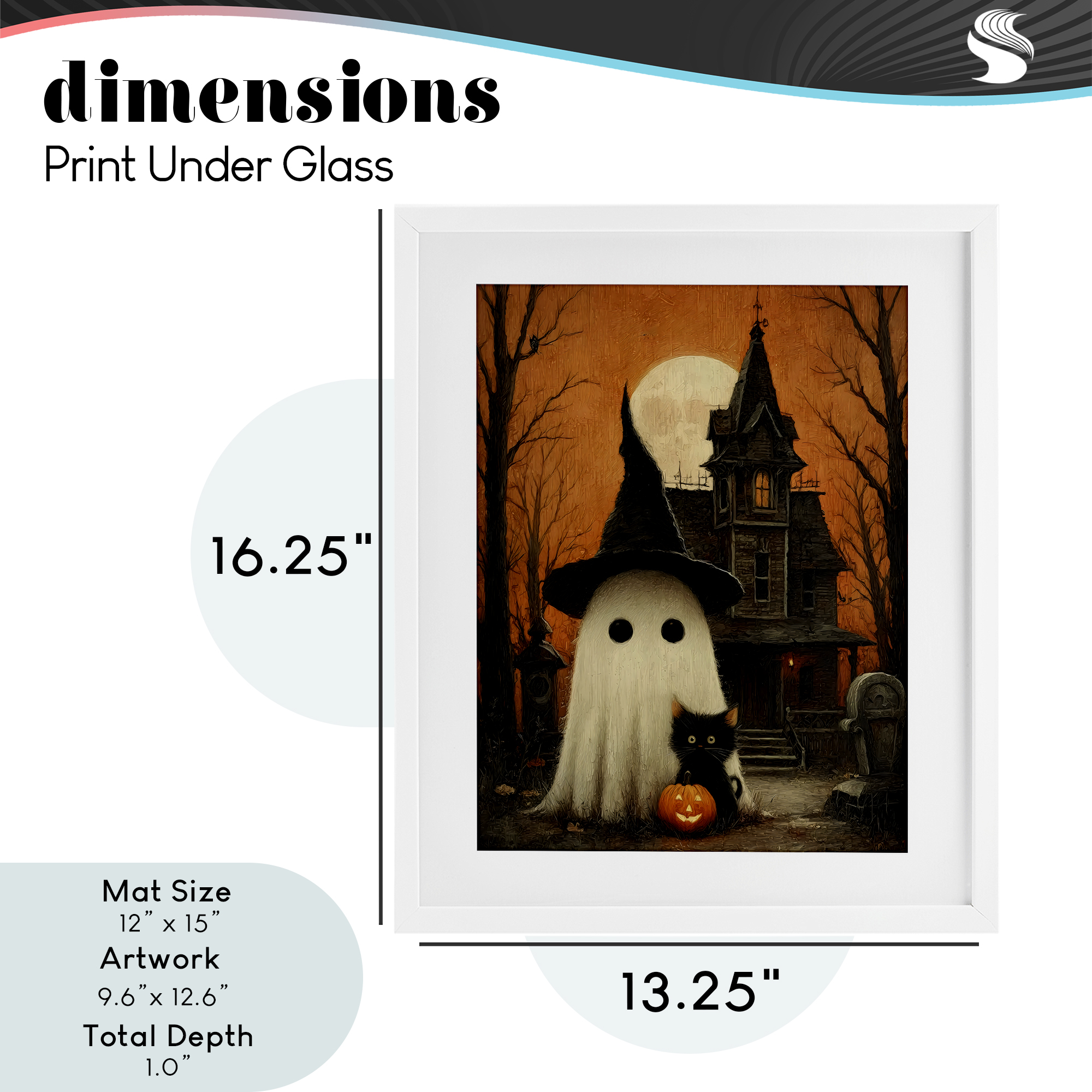 Cute Ghost & Haunted House White Framed Print Under Glass, design by Arlington Prints