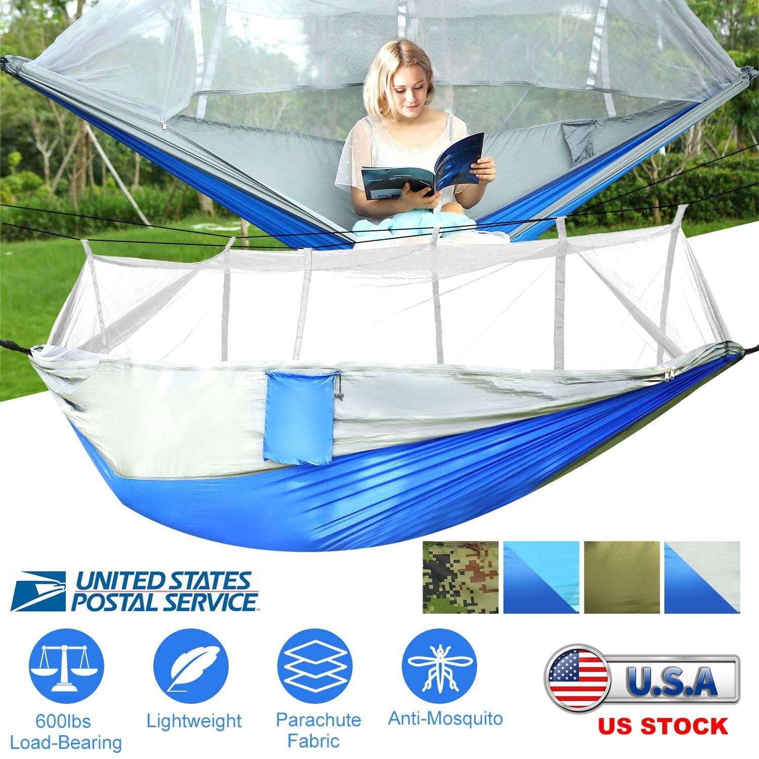 600lbs Load 2 Persons Hammock w/Mosquito Net Outdoor Hiking Camping Hommock Portable Nylon Swing Hanging Bed w/ Strap Hook Carry Bag