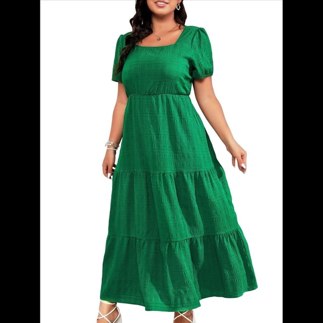 Vestido Holgado con Cuello Cuadrado y Volantes para Mujer, Informal, con Espalda Fruncida, Sin Mangas, para Playa y Sol. Verde 4XL