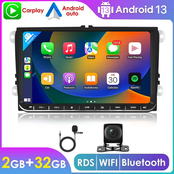 WOLFWO Android 13 Car Stereo for Volkswagen VW Passat/Golf/Polo/Tiguan, Support Wireless Carplay & Android Auto, 9 inch IPS Touchscreen VW Radio with GPS, WiFi, FM Radio AHD Backup Camera MIC