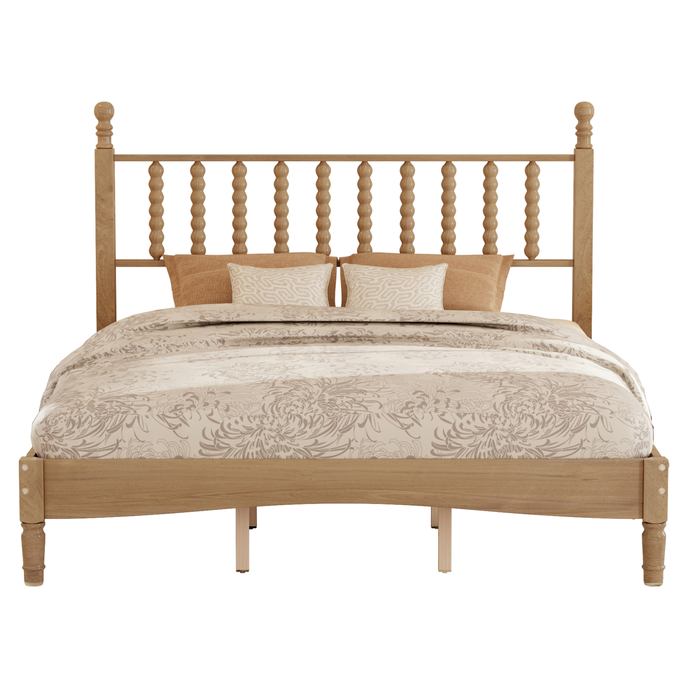 Noble House Queen Size Wood Platform Bed with Gourd-Shaped Headboard, Retro Wooden Bed Frame with Slat Support, Natural