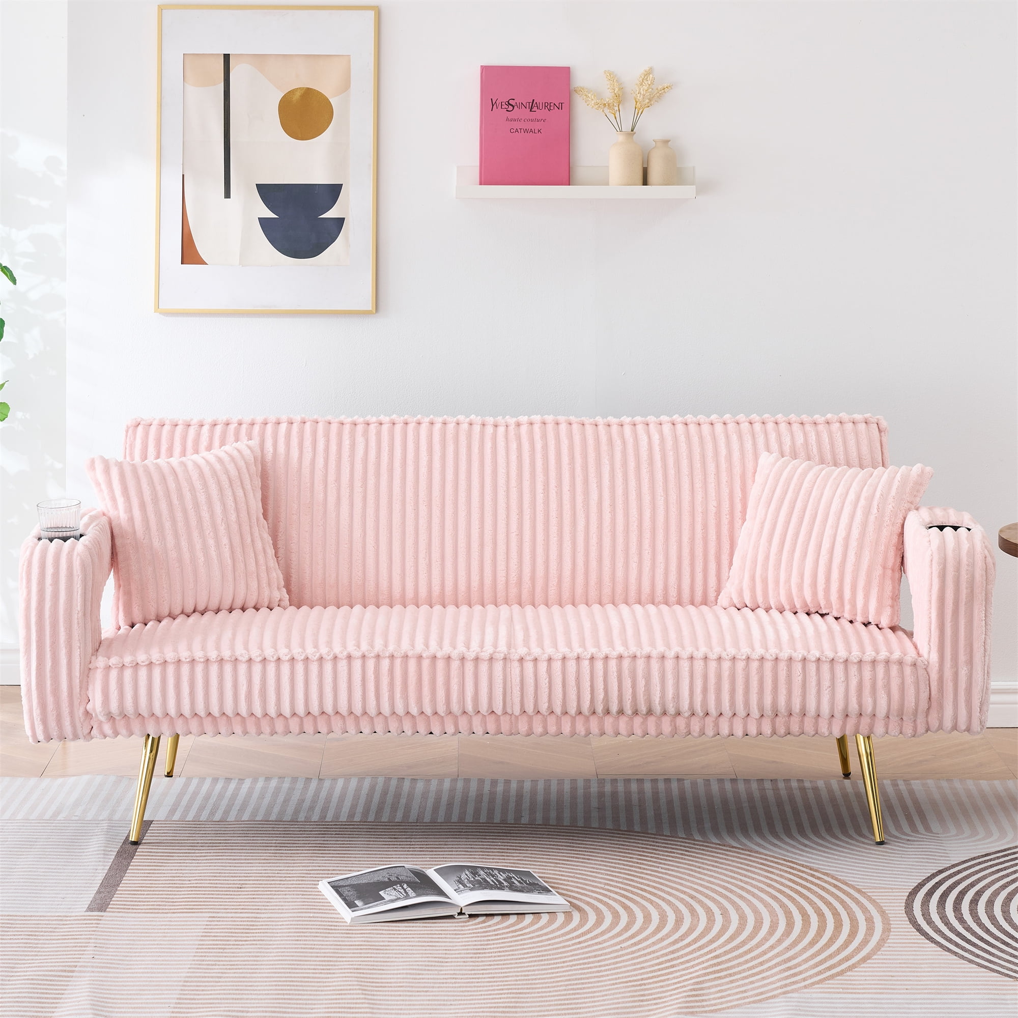 Aukfa Corduroy Futon Convertible Sofa Bed, Pink