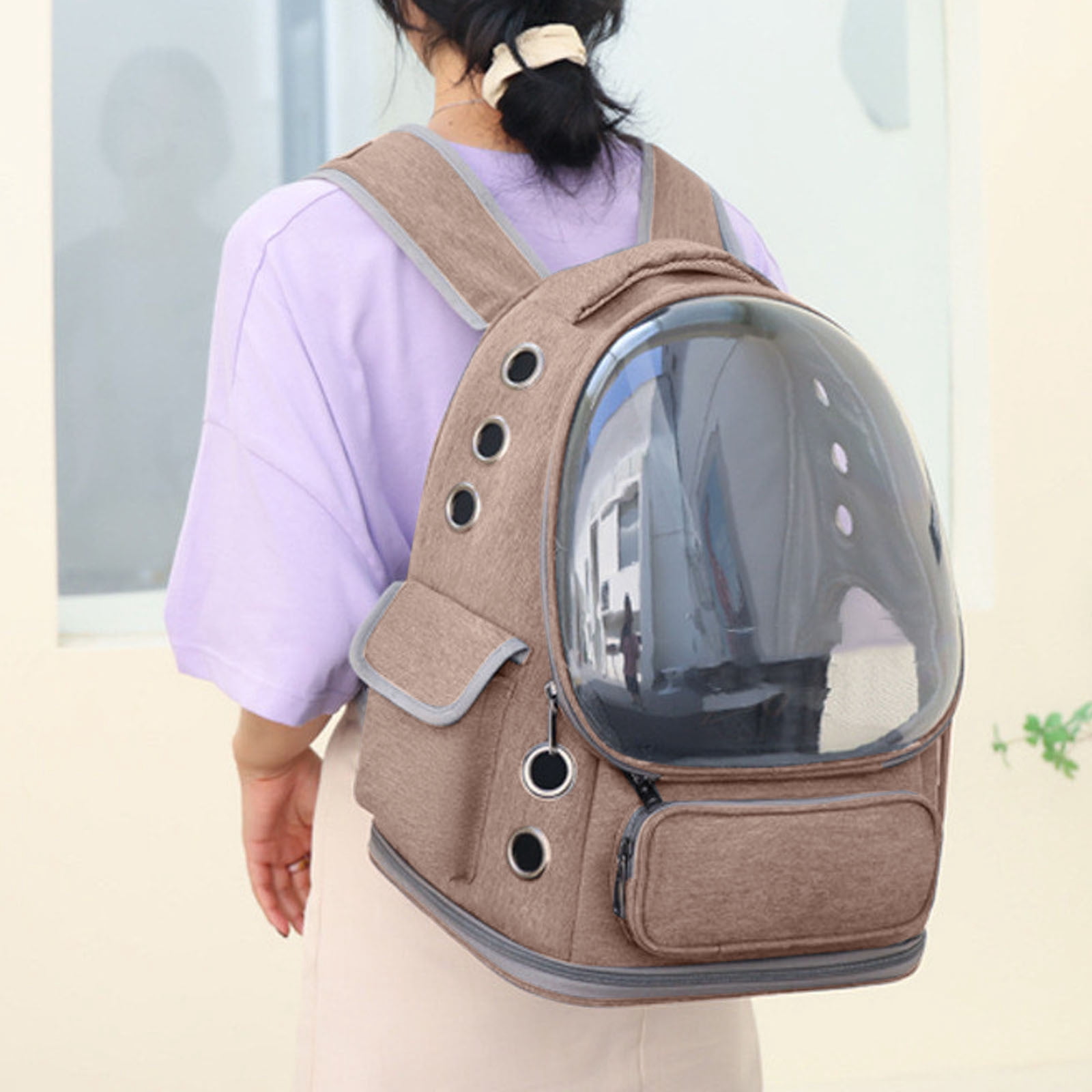 Transparent Cat Backpack Carrier, Breathable Space Pet Bag, Oxford Cloth Cat Travel Backpack, for Hiking Camping Outdoor Use, Fits Cats Up to 15lbs,Brown