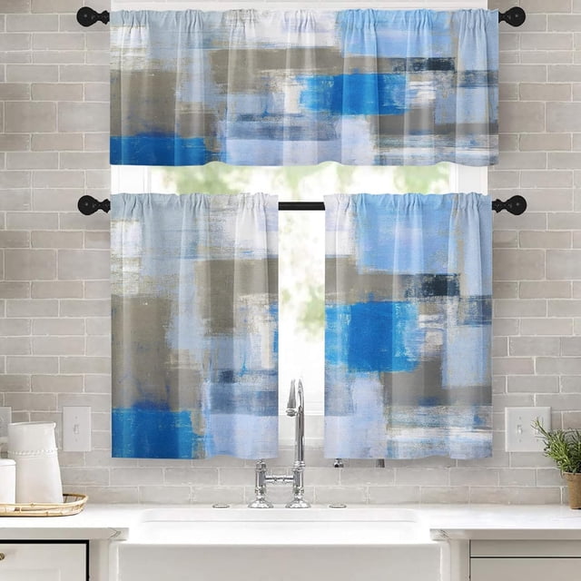 36 Inch Kitchen Curtains Light Blue and Grey Abstract Art Window Curtains and Valances Set of 3,White Modern Art Background Short Tier Curtain for Kitchen,Vintage Small Kitchen Decor
