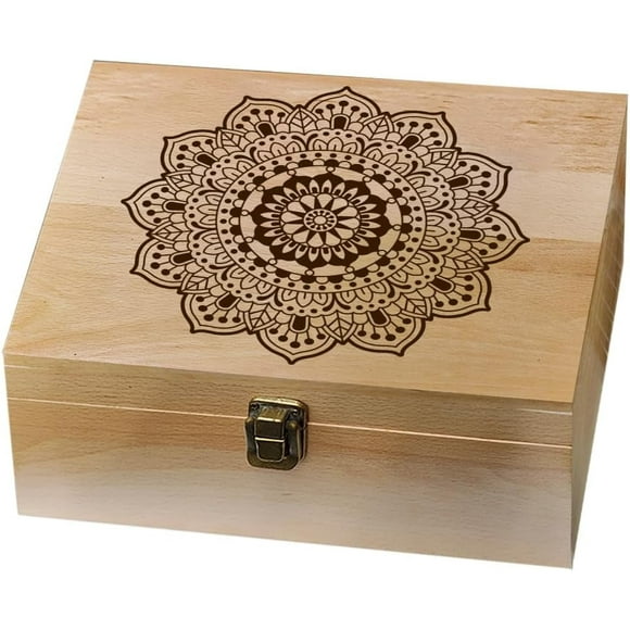 1 Pc Wooden Memory Keepsake Box Mandala Flower Memory Box with Hinged Lids Floral Keepsake Chest for Picture Letter Anniversary Birthday Storage 9.6x7.6x4inch(24.5x19.5x10.3cm)