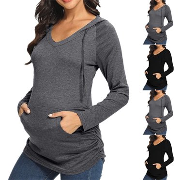PXLKNZH Maternity Hoodie Women Long Sleeves Shirts V-Neck Casual Maternity Top Pregnancy Sweatshirt 2025 Spring Mama Pullover Tunics Black,XL