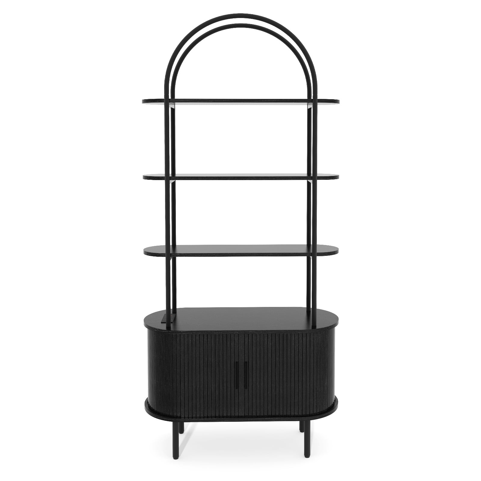 Arched Ceiling + 4-Layer Open Shelving + Double-Door Roller Shutter Display Case Display Rack with Socket (1USB+1Type-C) & Melamine Veneer & Iron Pipe Spray Paint, 31.5*13.78*70.87i, Black
