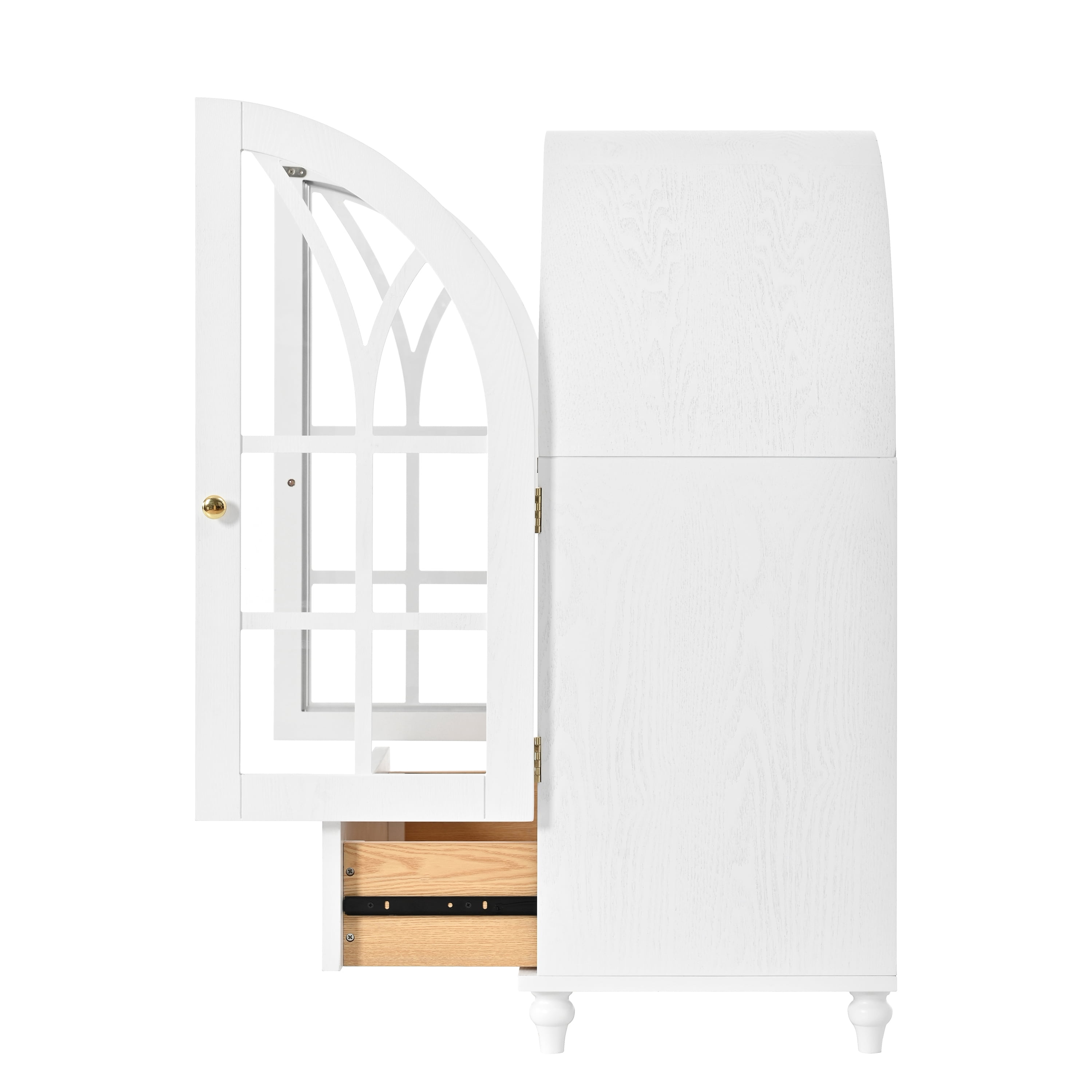 Arched Display Cabinet with Tempered Glass Doors,Wood Storage Cabinet with Natural Wood Grain Finish, Solid Wood Legs Accent Cabinet with Drawers for Living Room, Dining Room, Office