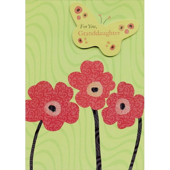Designer Greetings 3 Red Flowers and Tip On Die Cut Green Butterfly Birthday Card for Granddaughter