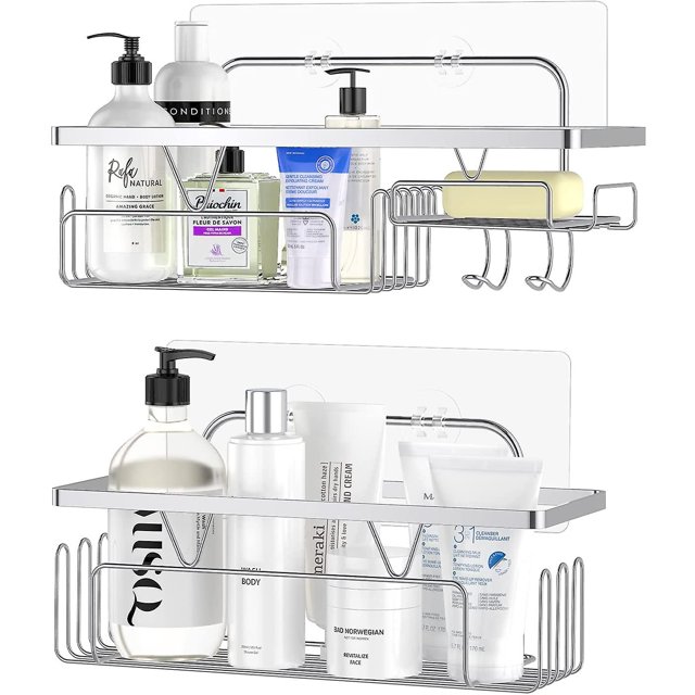Estante de baño, 304 estantes de baño de acero inoxidable, estante de ducha, estante de ducha, conjunto de 2 estantes de ducha para baño o cocina-plata Feliz Sencillez