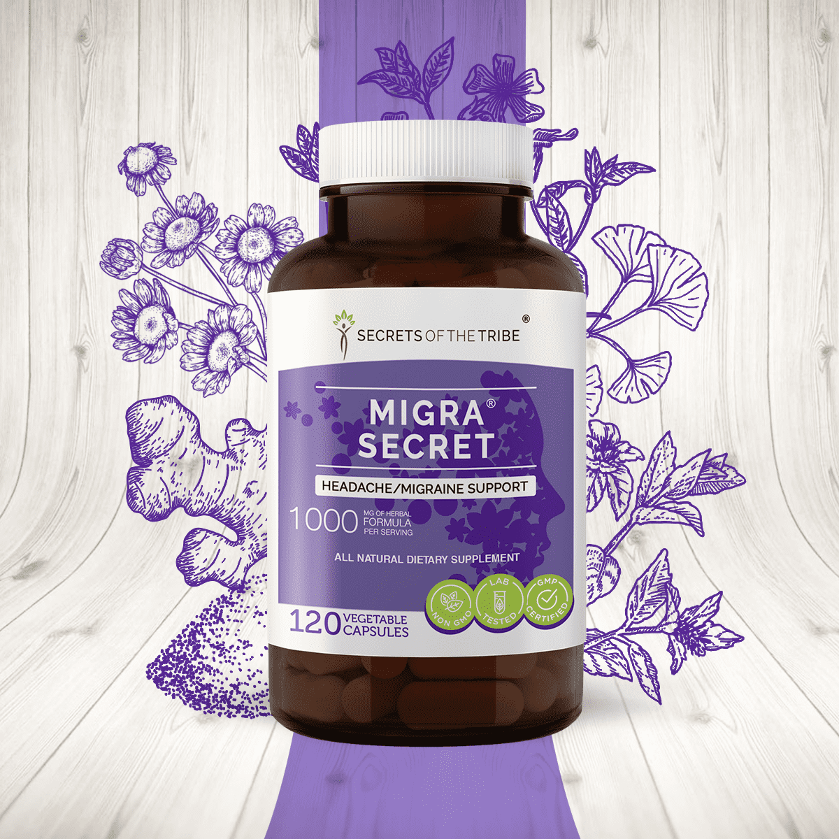 Migra Secret 120 Capsules, 500 mg, Feverfew, Ginger, White willow bark, Periwinkle, Ginkgo