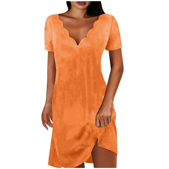 Women's Mini Loose Babydoll Dress Ruffle Sleeve Clothing Solid Color Tops V Neck Elegant Casual Comfy Summer Dresses for Female Orange L