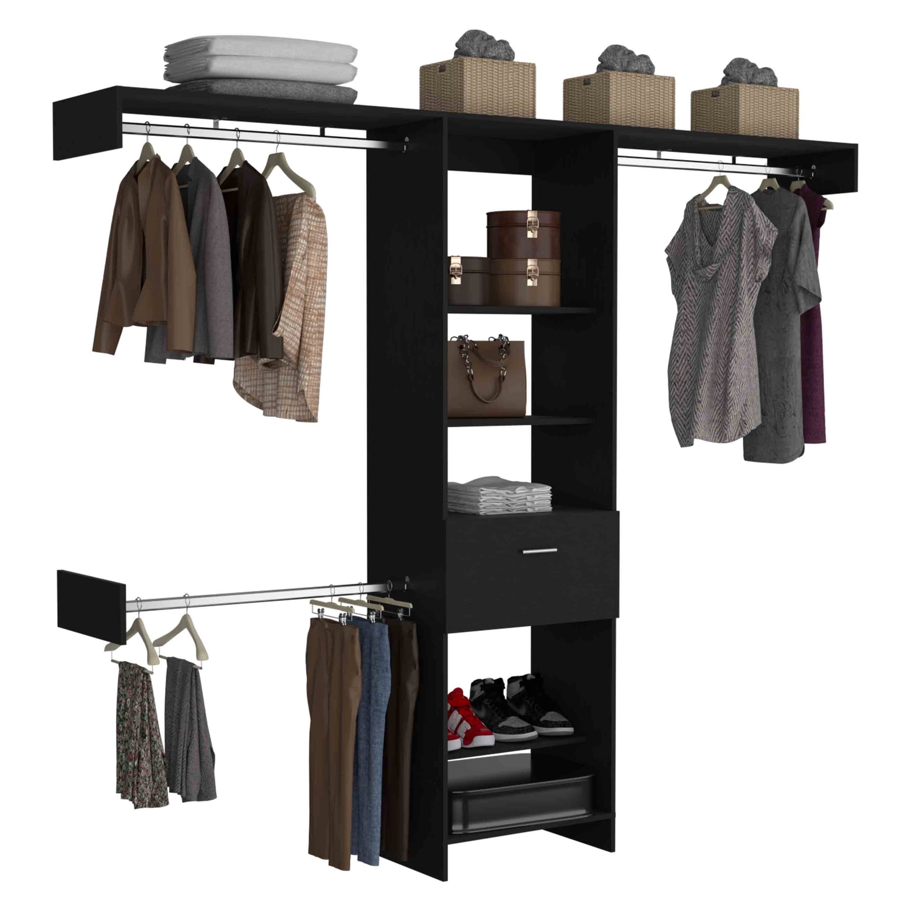 Black Closet System With One Drawer, Three Metal Rods, Five Open Shelf Visions In Color Shelves