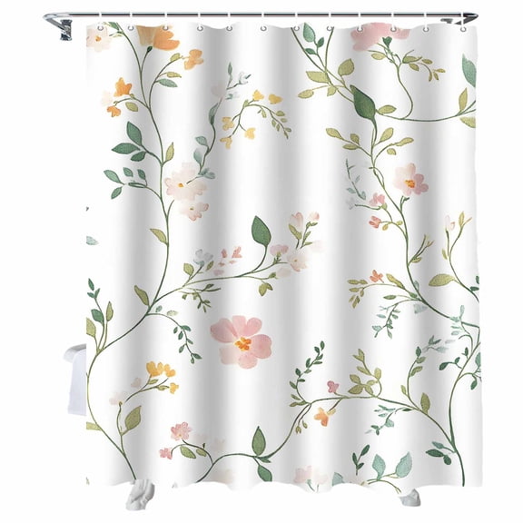 Shower Curtains Pink Yellow Flowers Plant Bath Curtain Spring Leaf Waterproof Bathroom Shower Curtain Set with Hooks Decoration 72 x 84 Inches