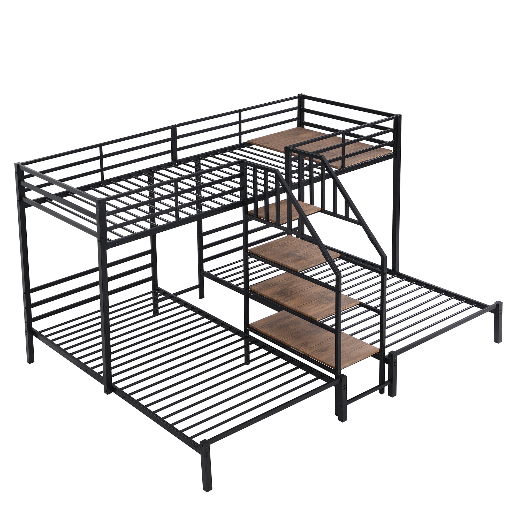 Twin over Twin & Twin Metal Bunk Bed,Triple Bunk Bed 3 Beds Bunk Bed with Storage Shelves Staircase,Black