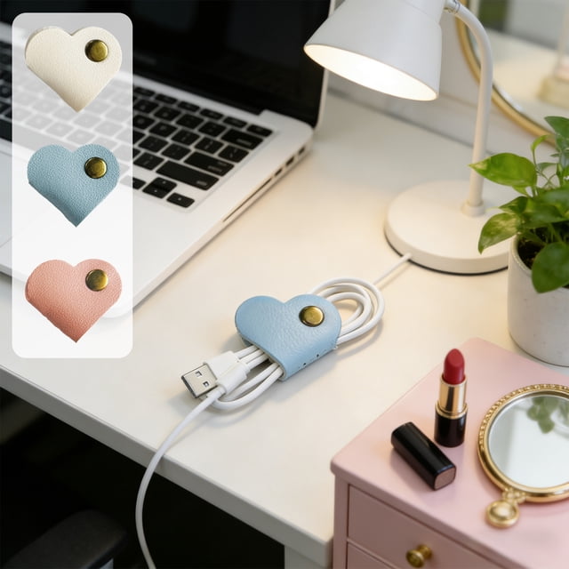 Organizador de cuero en forma de corazón | Correa portátil para la gestión de cables | Rosa Verde Blanco | 1,38x1,38 in | Cierre de Golpe | Soporte de datos para auriculares sin enredos | Accesorios