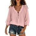 thumbnail image 2 of Elwylmiz Women's 3/4 Sleeve Tops Lace Up V Neck Blouses Boho Ruffled Trim Loose Fit Casual Shirts Summer Fall Outfits, 2 of 7