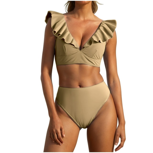 XMMSWDLA Womens Swimsuits Tummy Control Women'S High Waisted Solid V-Neck Ruffle Sleeve Tight Fitting Gathering Swimsuit Split Set Thong Bikini