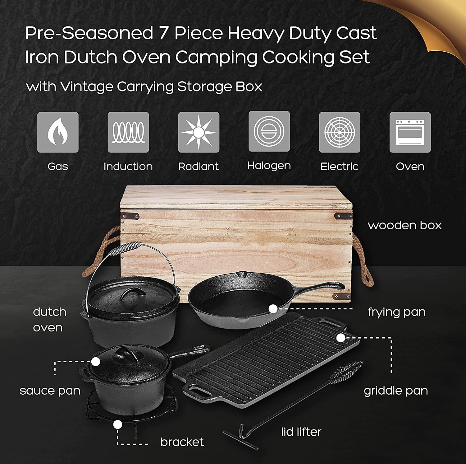 Bruntmor Pre Seasoned Cast Iron 7 Piece Bundle Kitchen Cooking Or Camping  Cooking Set, Black : Target