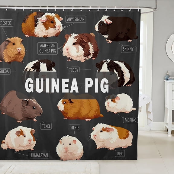 Guinea Pig Shower Curtain Cute Animal Breeds Chart Fabric Bathroom Decor with Hooks 71x71 inches