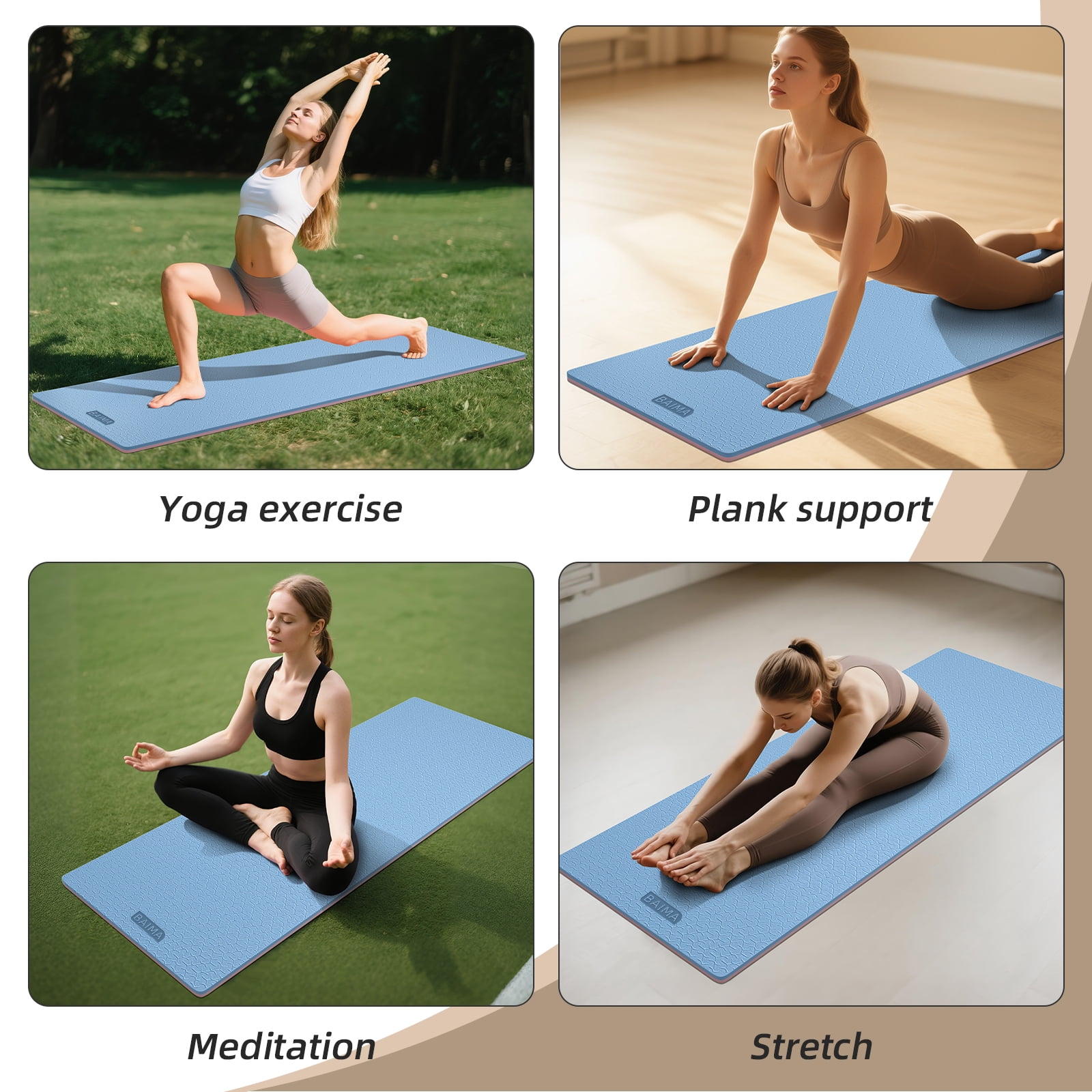 BAIMA TPE Yoga Mat - Tear-Resistant, Lightweight, Non-Slip Double-Sided Exercise Mat with Carry Strap(blue+Pink)