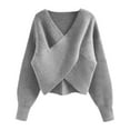 thumbnail image 3 of Gray Sweaters for Women Casual V Neck Long Sleeve Sweaters Wrap Front Off Shoulder Asymmetric Hem Knitted Crop Solid Pullover Womens Fall Fashion 2025, 3 of 3